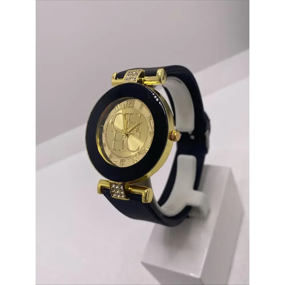 Womens Gold Black Rubber Watch Works New Battery